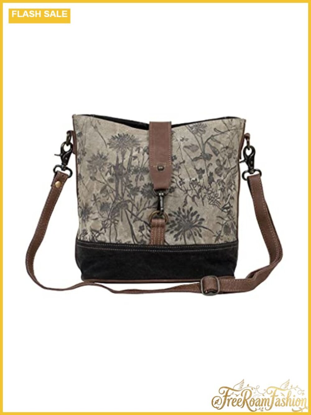 Canvas Floral Satchel with Genuine Leather Strap Everyday Shoulder Bag